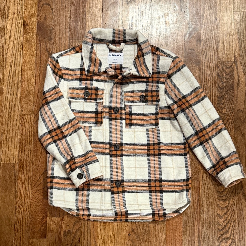 Old Navy Kids Checkered Button-Down Flannel Jacket - Tan, Black and Cream